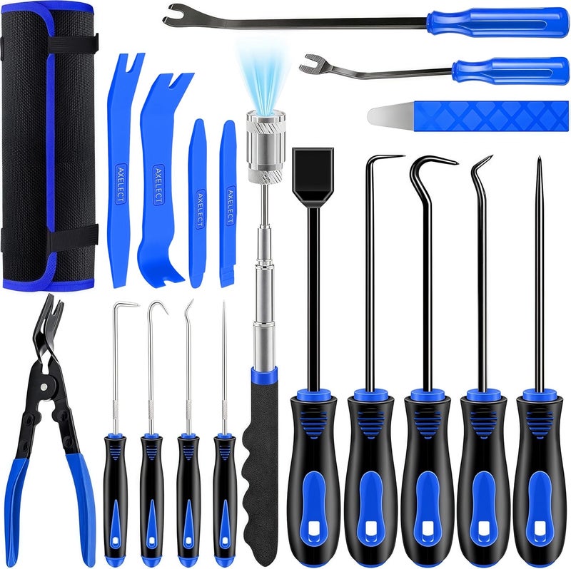 DWH 18 Pcs Precision Pick and Hooks Set, Trim Removal Tool Kit with Scraper Telescoping Magnetic Pickup Tool Panel Clip Plier Fastener Remover, Metal Plastic Trim Tools, Automotive Mechanic Bag, Blue - Image 1